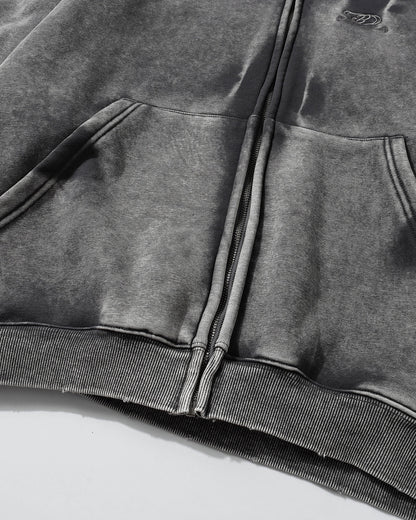 Acid Washed Embroidery Zip Up Hoodies | LCDEGO Streetwear