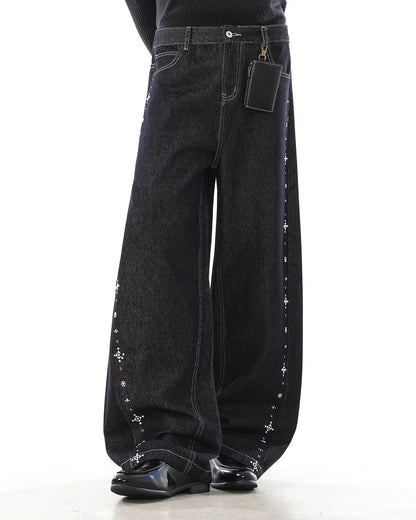 Studded Rhinestone Baggy Denim Jeans | LCDEGO Streetwear