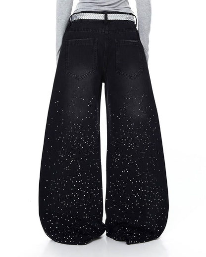 Acid Wash Rhinestone Baggy Jeans | LCDEGO Streetwear
