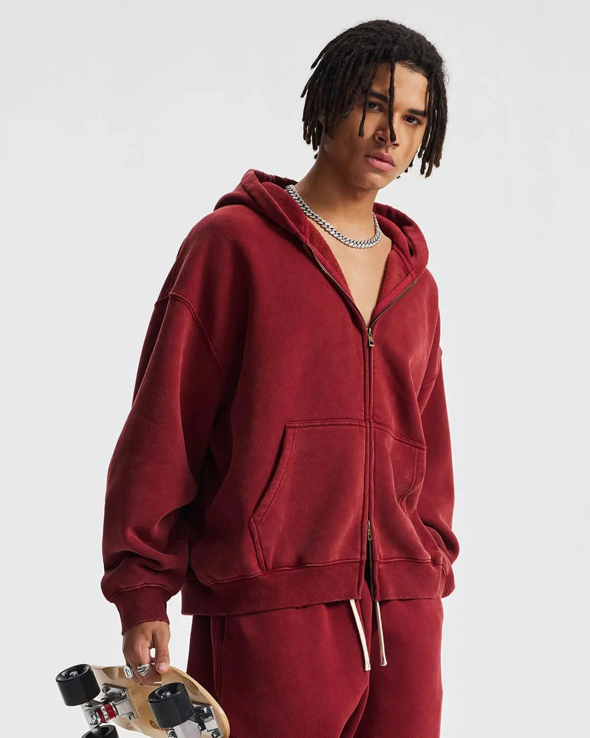 Boxy Fit Acid Washed Fleece Zip Up Hoodies | LCDEGO Streetwear
