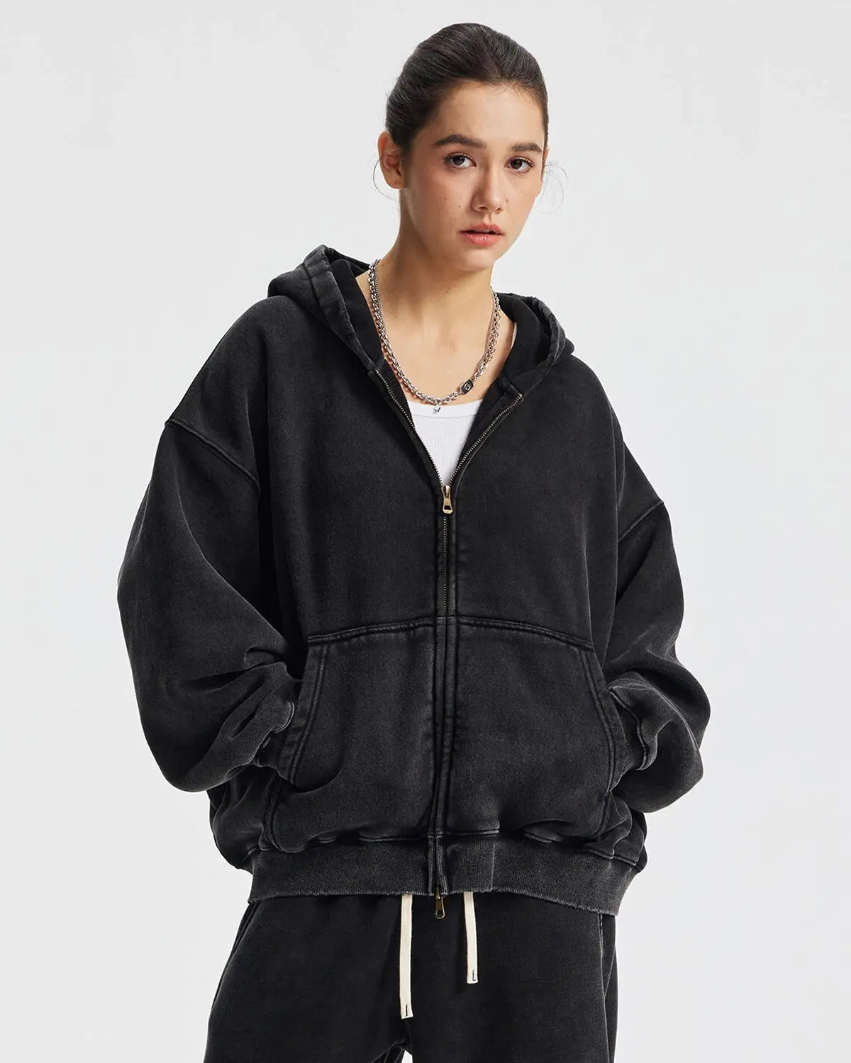Boxy Fit Acid Washed Fleece Zip Up Hoodies | LCDEGO Streetwear