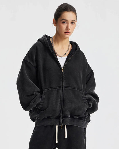 Boxy Fit Acid Washed Fleece Zip Up Hoodies | LCDEGO Streetwear