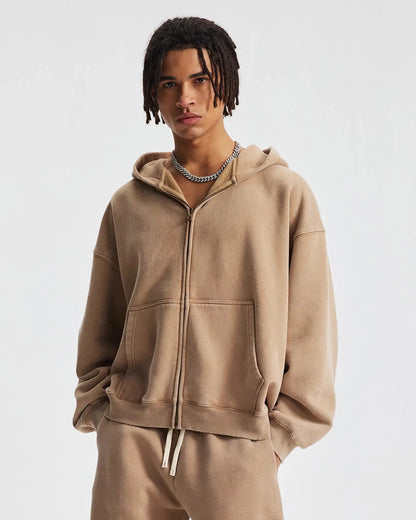 Boxy Fit Acid Washed Fleece Zip Up Hoodies | LCDEGO Streetwear