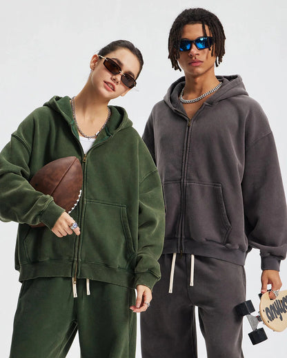 Boxy Fit Acid Washed Fleece Zip Up Hoodies | LCDEGO Streetwear