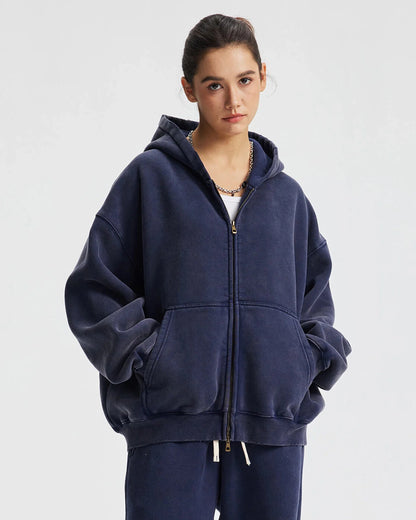 Boxy Fit Acid Washed Fleece Zip Up Hoodies | LCDEGO Streetwear