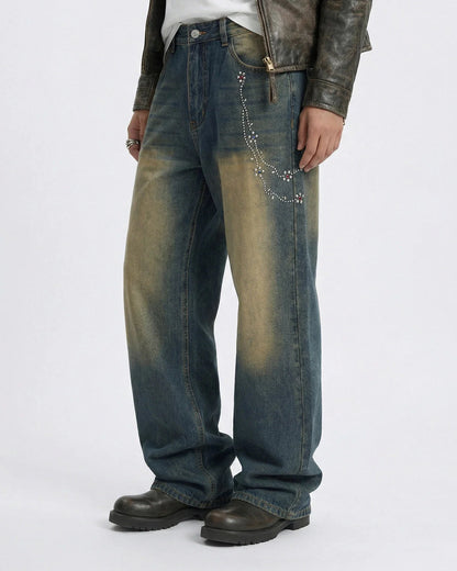 Acid Wash Rhinestone Chain Baggy Jeans | LCDEGO Streetwear