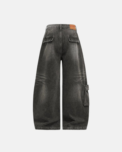 Distressed Washed Cargo Barrel Jeans | Streetwear