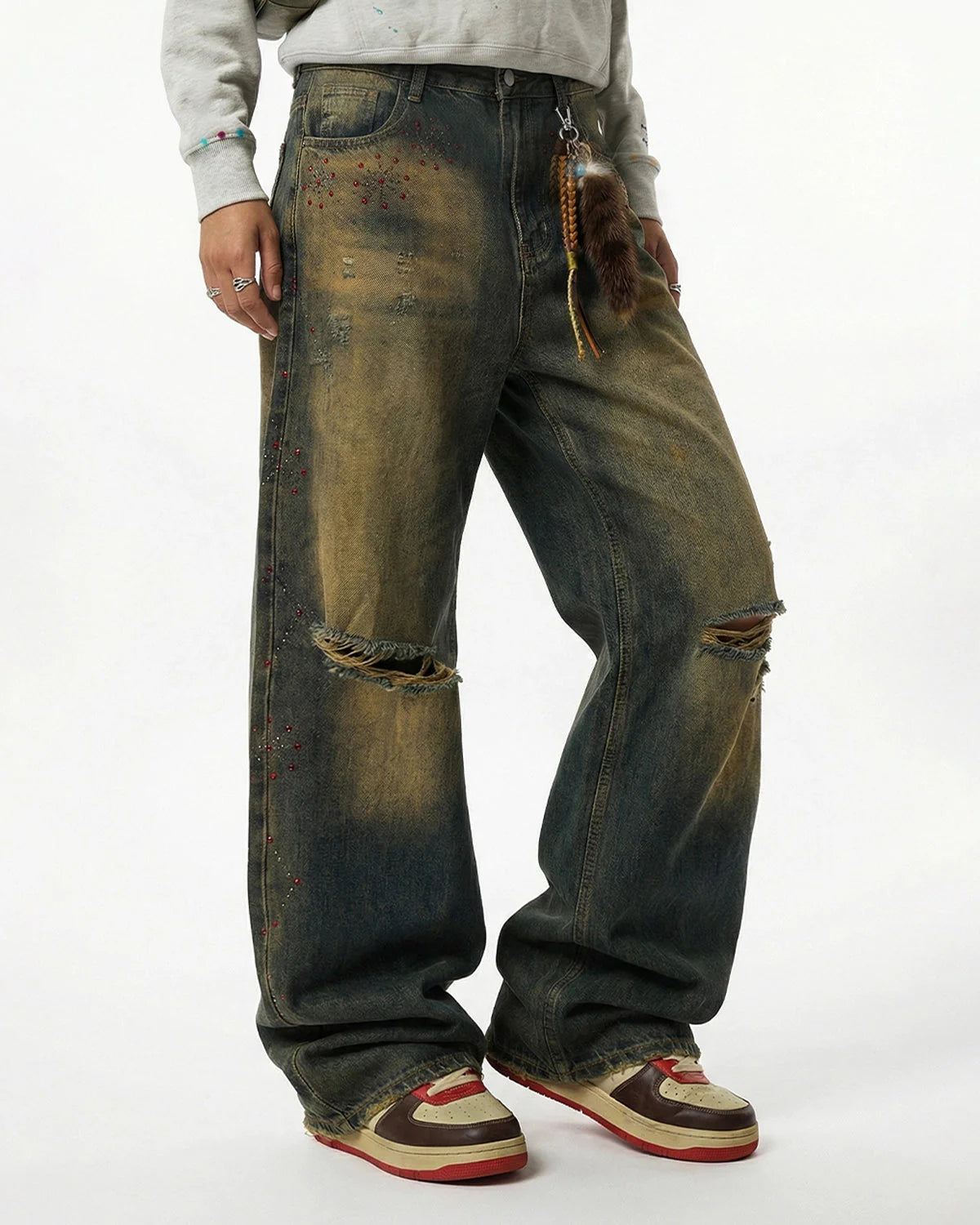 Dirty Wash Rhinestone Baggy Jeans | LCDEGO Streetwear
