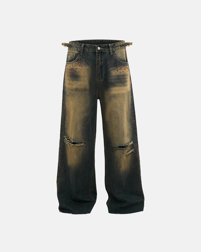 Dirty Wash Rhinestone Baggy Jeans | LCDEGO Streetwear