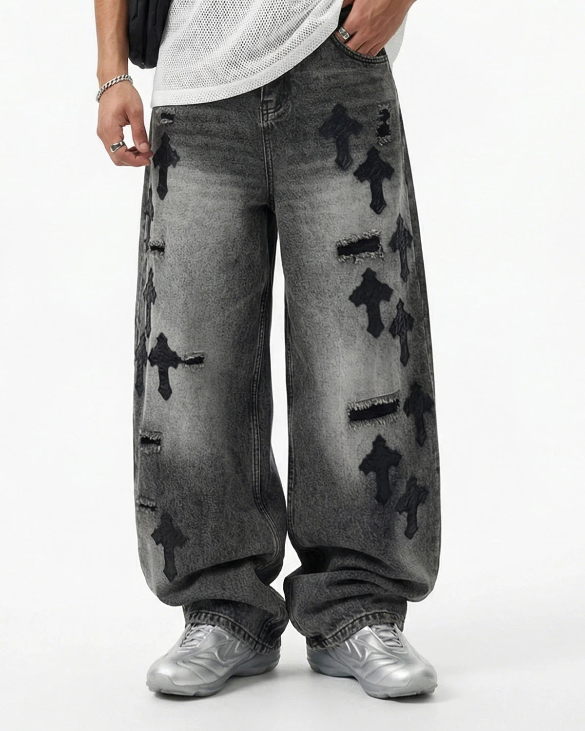Distressed Cross Barrel Jeans | LCDEGO Streetwear