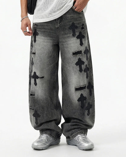 Distressed Cross Barrel Jeans | LCDEGO Streetwear