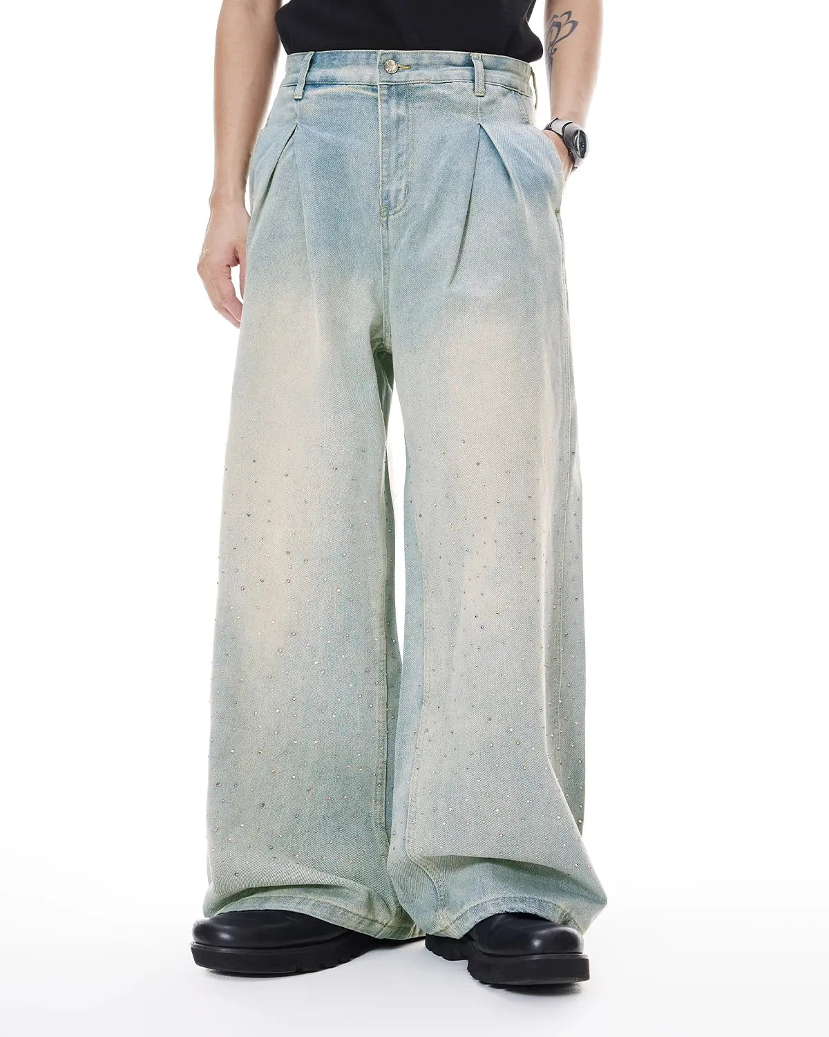 Washed Rhinestone Baggy Jeans | LCDEGO Streetwear