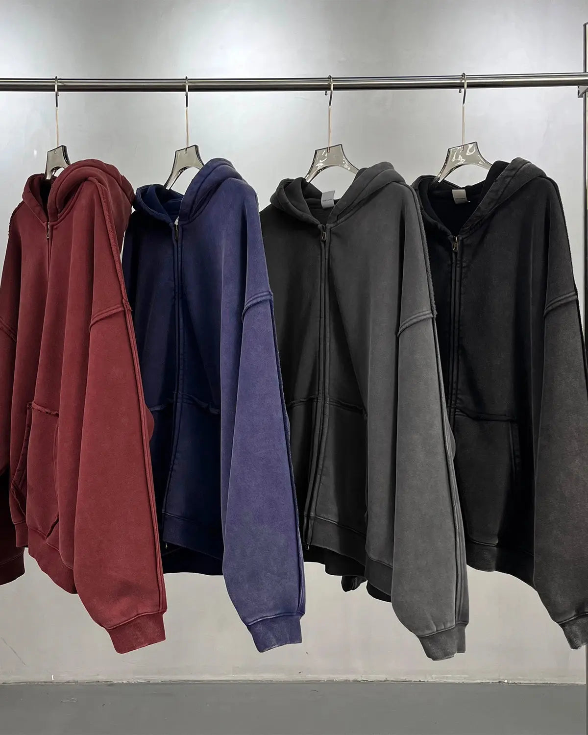 Distressed Acid Wash Double Zip Up Hoodies | LCDEGO Streetwear