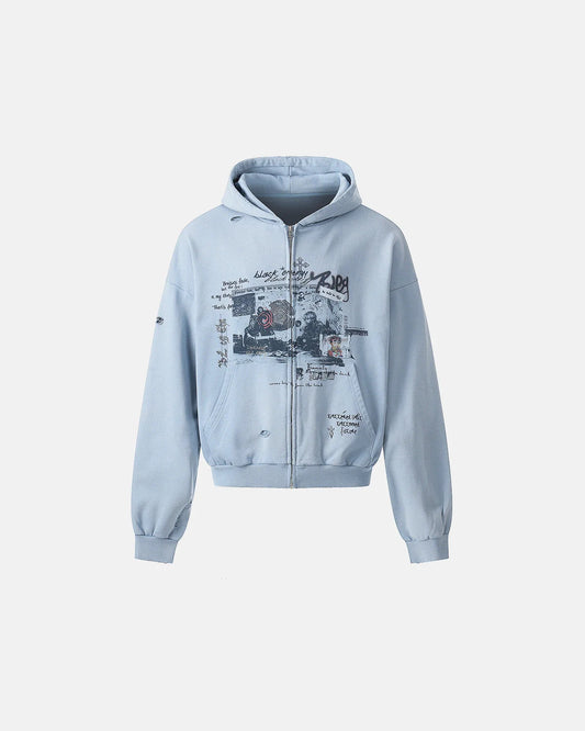 Graffiti Character Distressed Washed Zip Hoodies | LCDEGO Streetwear