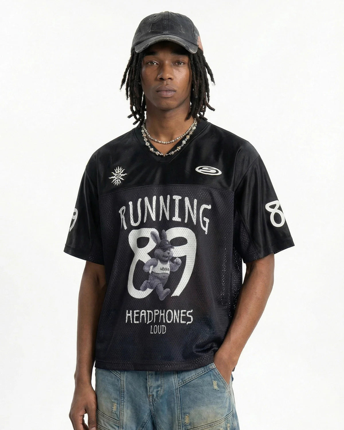 V-Neck Mesh Patchwork Jersey Tee | LCDEGO Streetwear