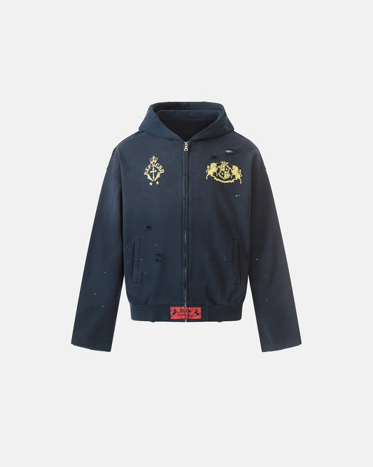 Distressed Washed Printed Zip Up Hoodies | LCDEGO Streetwear