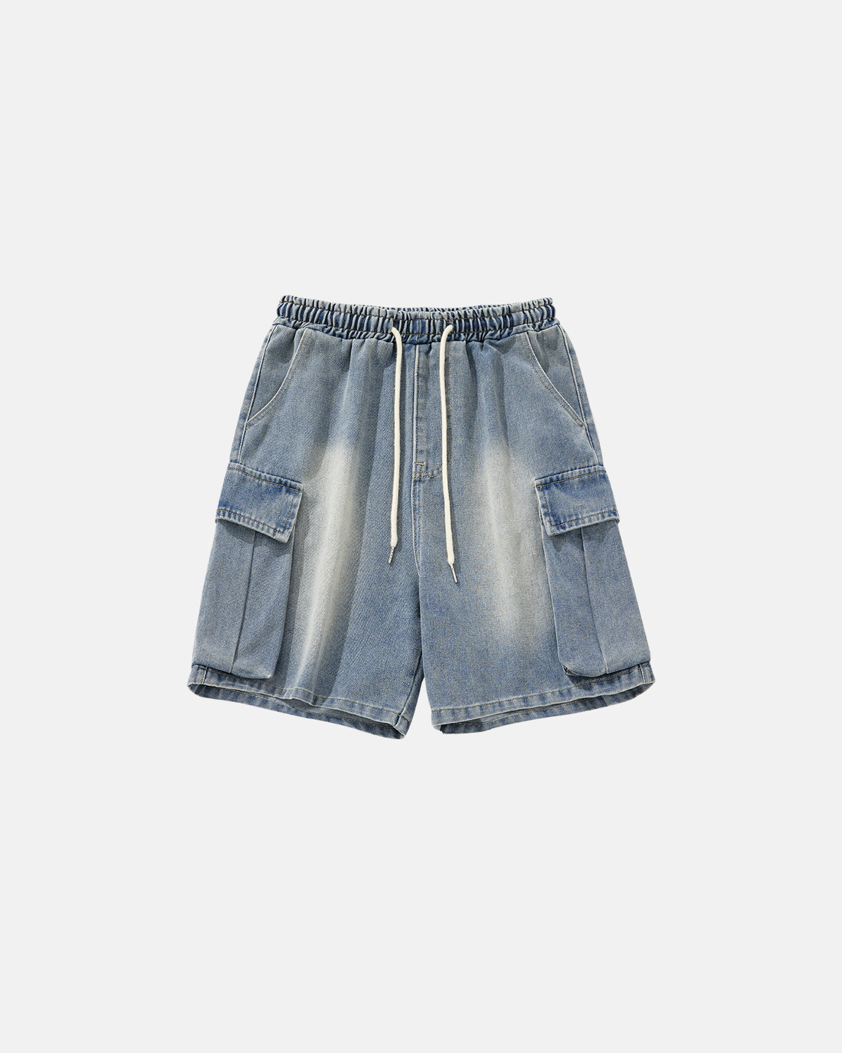 washed denim cargo shorts with drawstring waist and large side pockets
