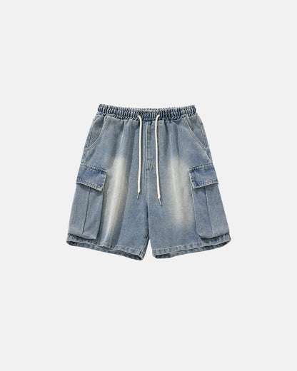 washed denim cargo shorts with drawstring waist and large side pockets