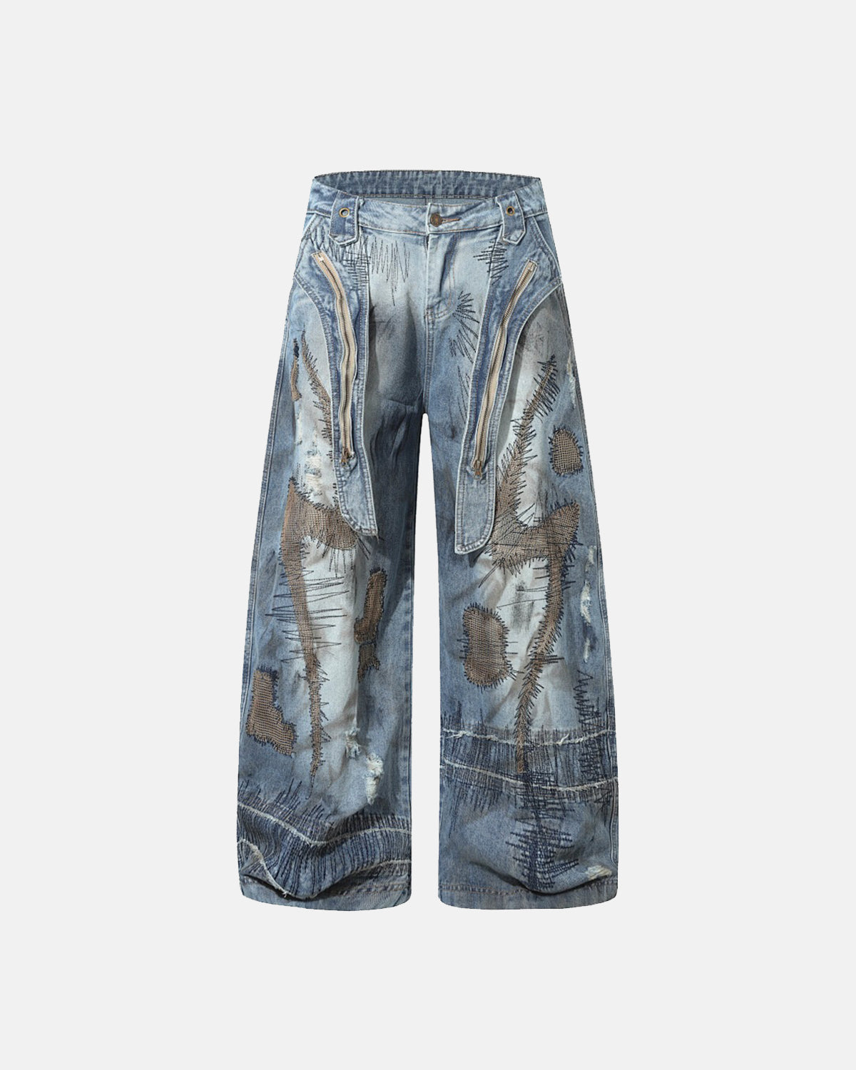 Distressed Patchwork Barrel Jeans | LCDEGO Streetwear
