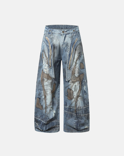 Distressed Patchwork Barrel Jeans | LCDEGO Streetwear