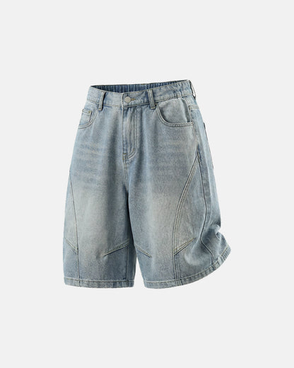 structured washed denim shorts with panel design and relaxed fit