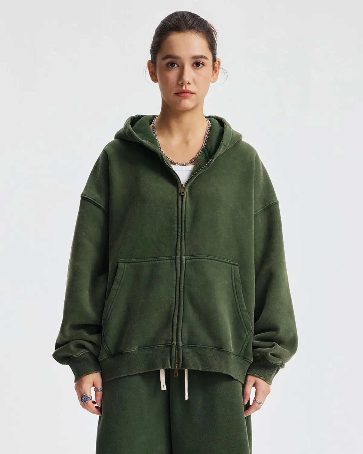 Boxy Fit Acid Washed Fleece Zip Up Hoodies | LCDEGO Streetwear