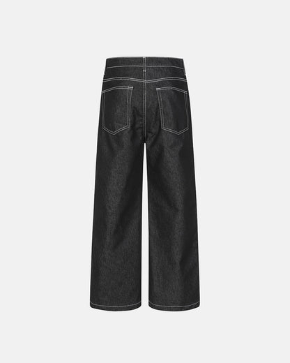 straight-leg jeans with deconstructed panel seams and pleat-inspired structure detail
