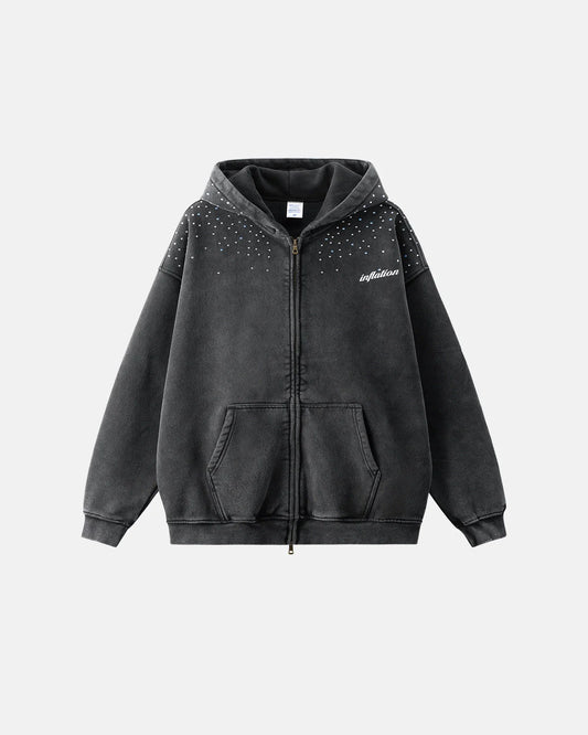 Distressed Washed Rhinestone Zip Up Hoodies | LCDEGO Streetwear