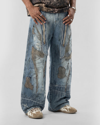 Distressed Patchwork Barrel Jeans | LCDEGO Streetwear