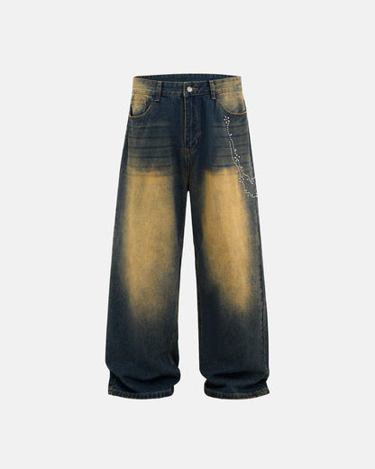 Acid Wash Rhinestone Chain Baggy Jeans | LCDEGO Streetwear