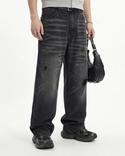 Distressed Rhinestone Ripped Baggy Jeans | LCDEGO Streetwear