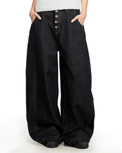 Black Buttons Up Barrel Baggy Jeans | LCDEGO Streetwear