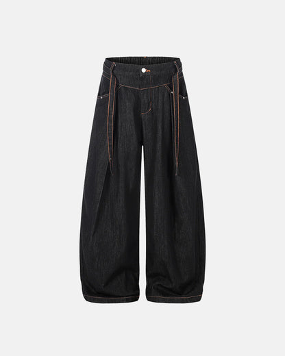 contrast stitch raw barrel jeans