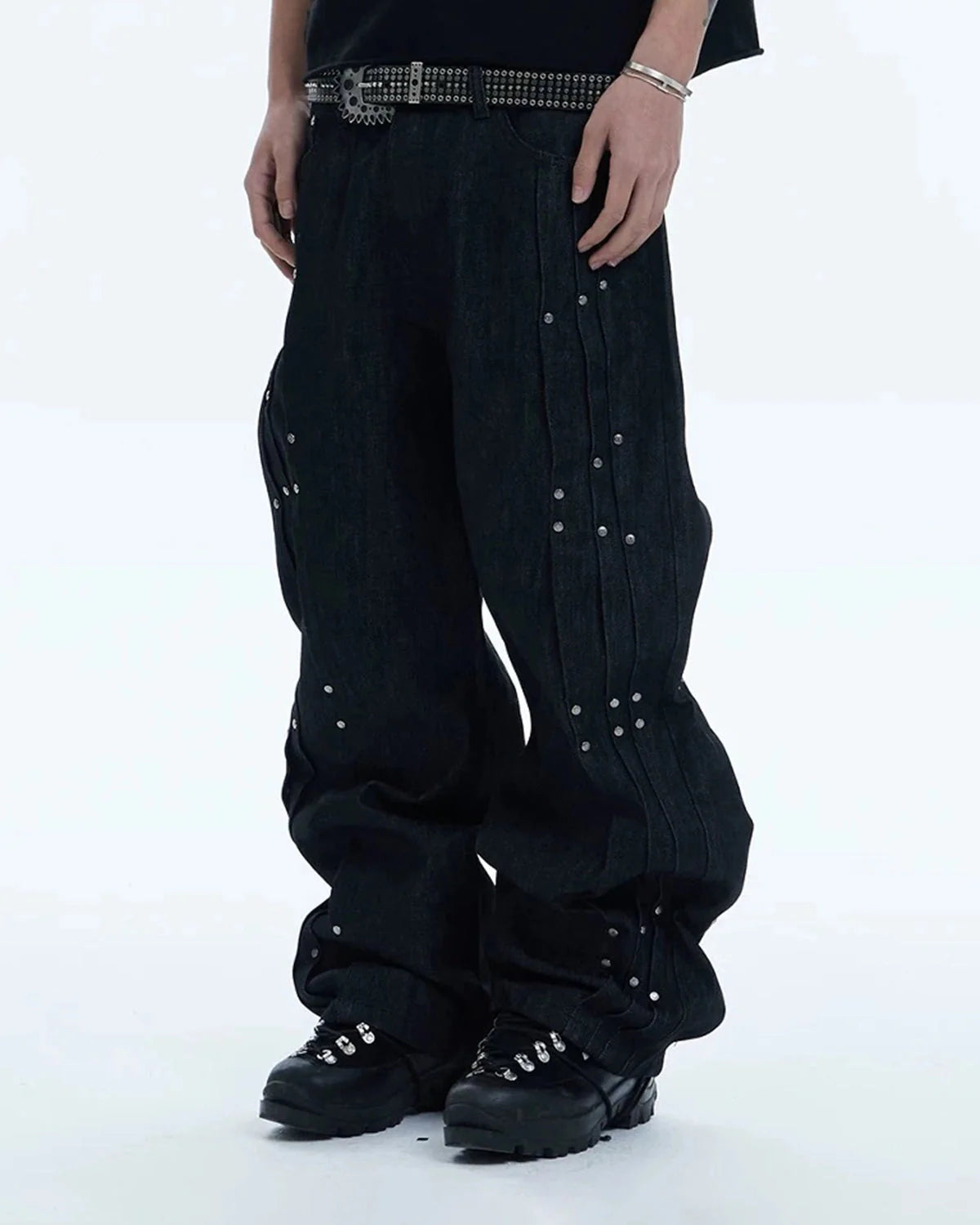Studded Deconstructed Flared Baggy Jeans | LCDEGO Streetwear