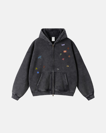 Funny Stickers Distressed Zip Up Hoodies | LCDEGO Streetwear