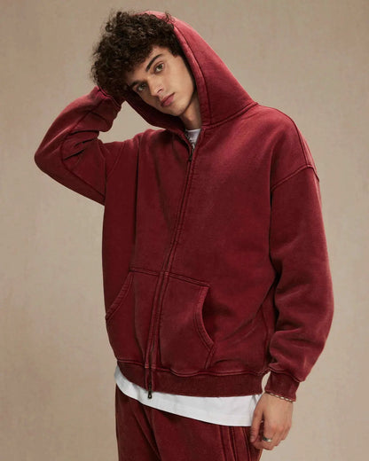 Grey Distressed Acid Wash Zip Up Hoodies | LCDEGO Streetwear