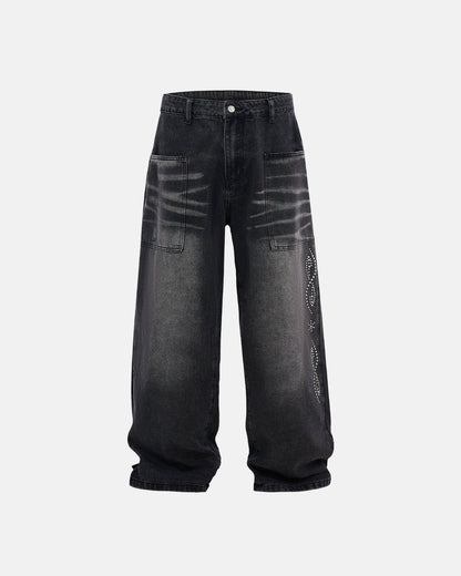 Whiskered Rhinestone Baggy Denim Jeans | LCDEGO Streetwear