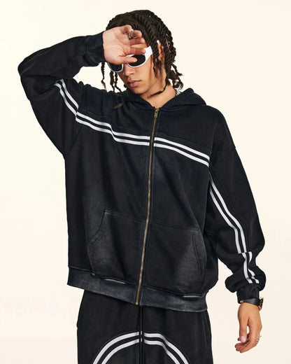 Striped Acid Wash Zip Up Hoodies | LCDEGO Streetwear