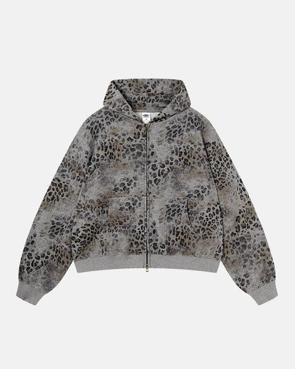 leopard print boxy zip hoodie front view