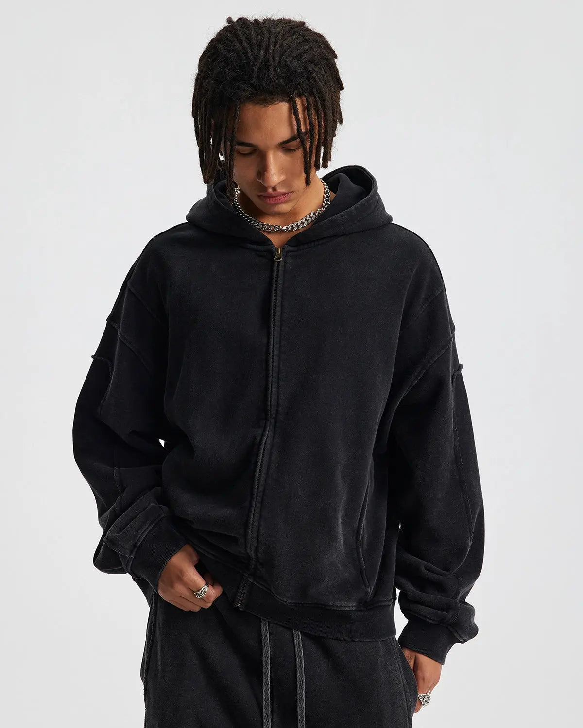 Acid Wash Stitching Zip Up Hoodies | LCDEGO Streetwear