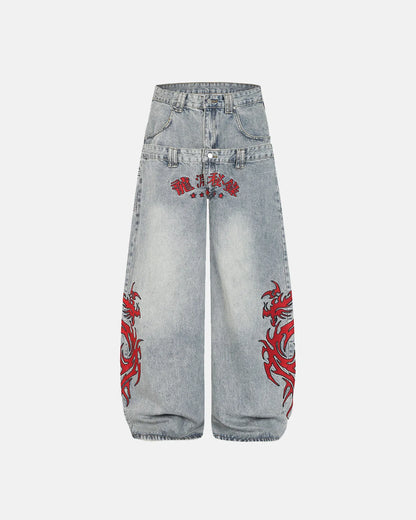Double Waist Embroidered Baggy Jeans | LCDEGO Streetwear