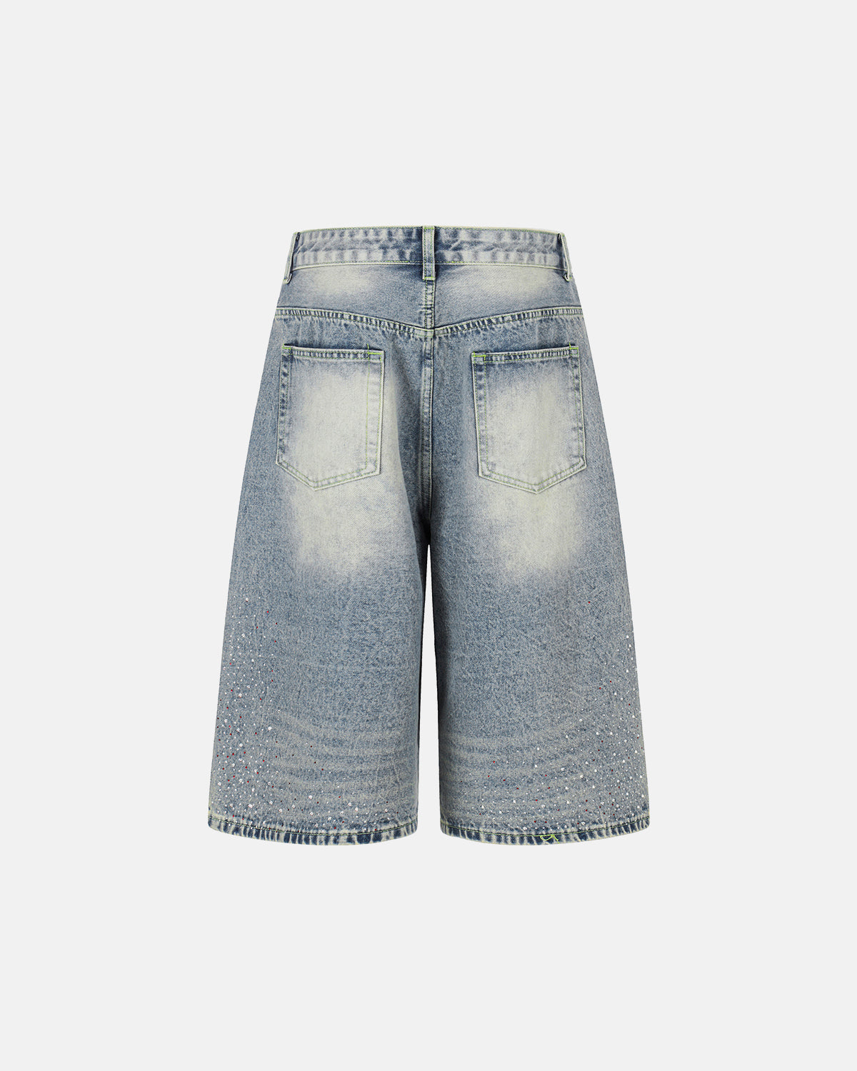 mens baggy denim jorts with faded wash and rhinestone detail