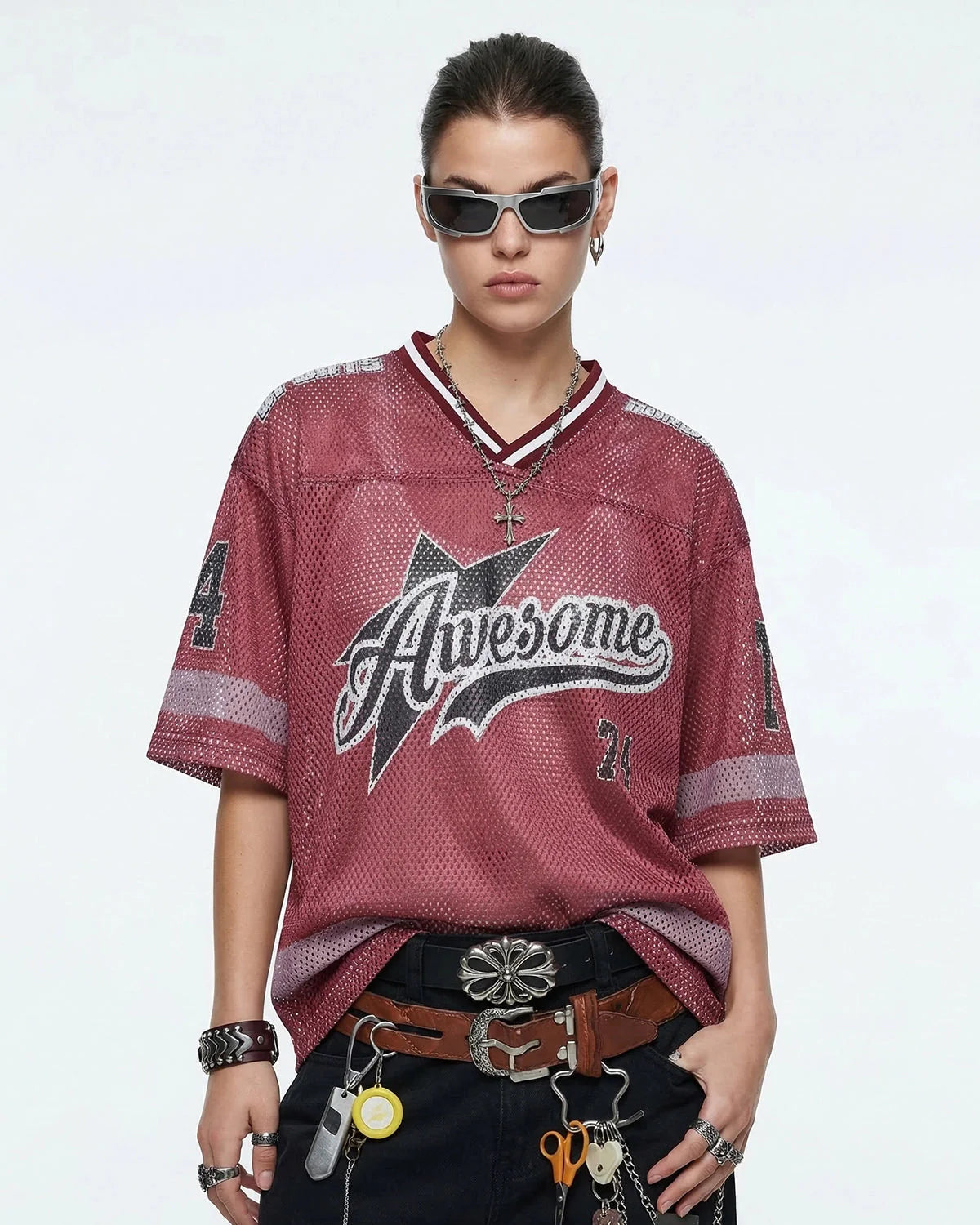 V-neck Graphic Mesh Jersey | LCDEGO Streetwear