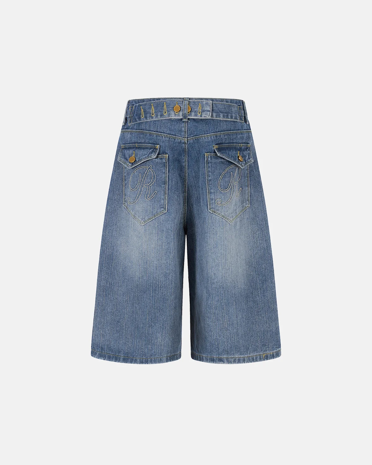 washed baggy denim jorts with adjustable waist tabs and embroidery pockets