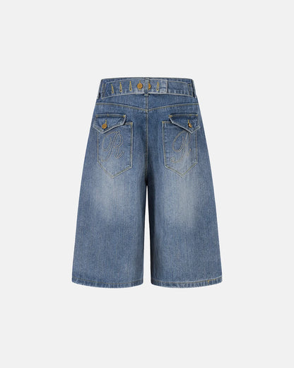 washed baggy denim jorts with adjustable waist tabs and embroidery pockets