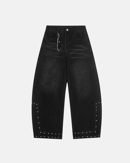 Whisker Washed Rivet Barrel Jeans | LCDEGO Streetwear