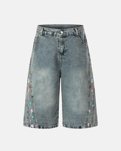 Floral Embroidered Long Baggy Jorts | LCDEGO Streetwear