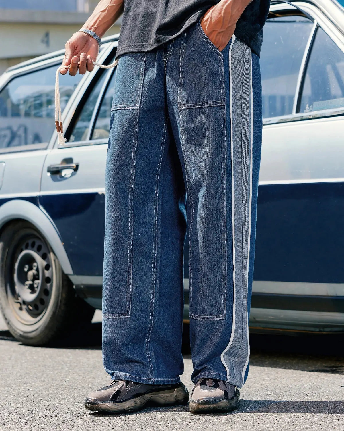 Patchwork Straight Leg Jeans with Belt | LCDEGO Streetwear