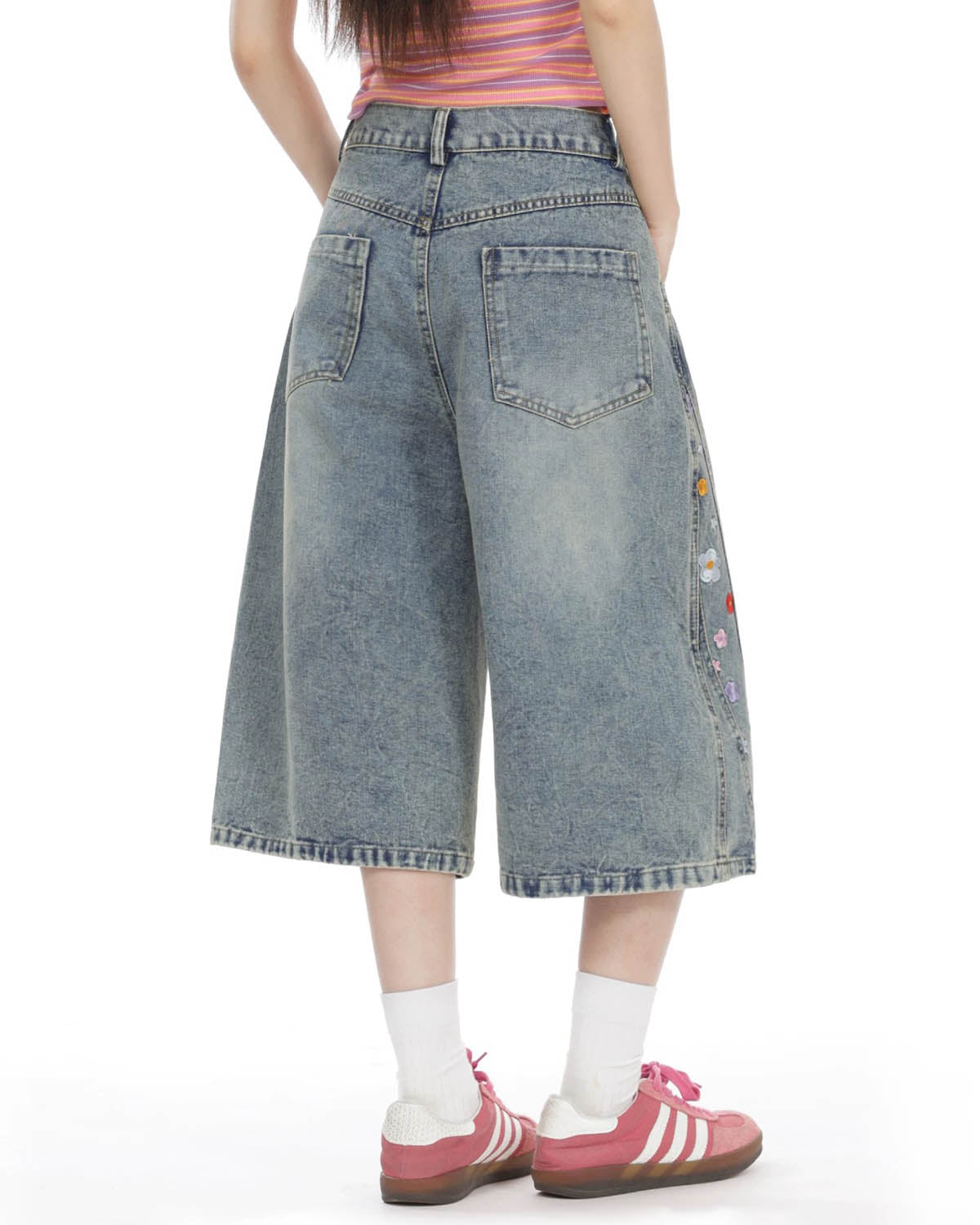 Floral Embroidered Long Baggy Jorts | LCDEGO Streetwear