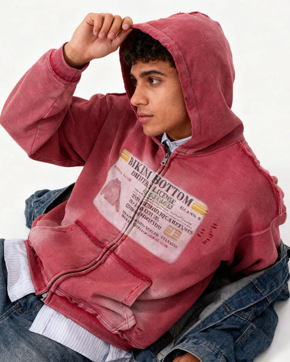 Graphic Ripped Washed Zip Up Hoodies | LCDEGO Streetwear